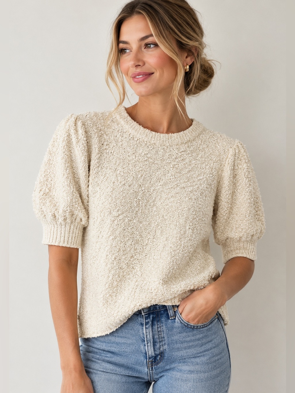 Something Navy Cream Textured Cotton Blend Puff Sleeve Sweater Top XS